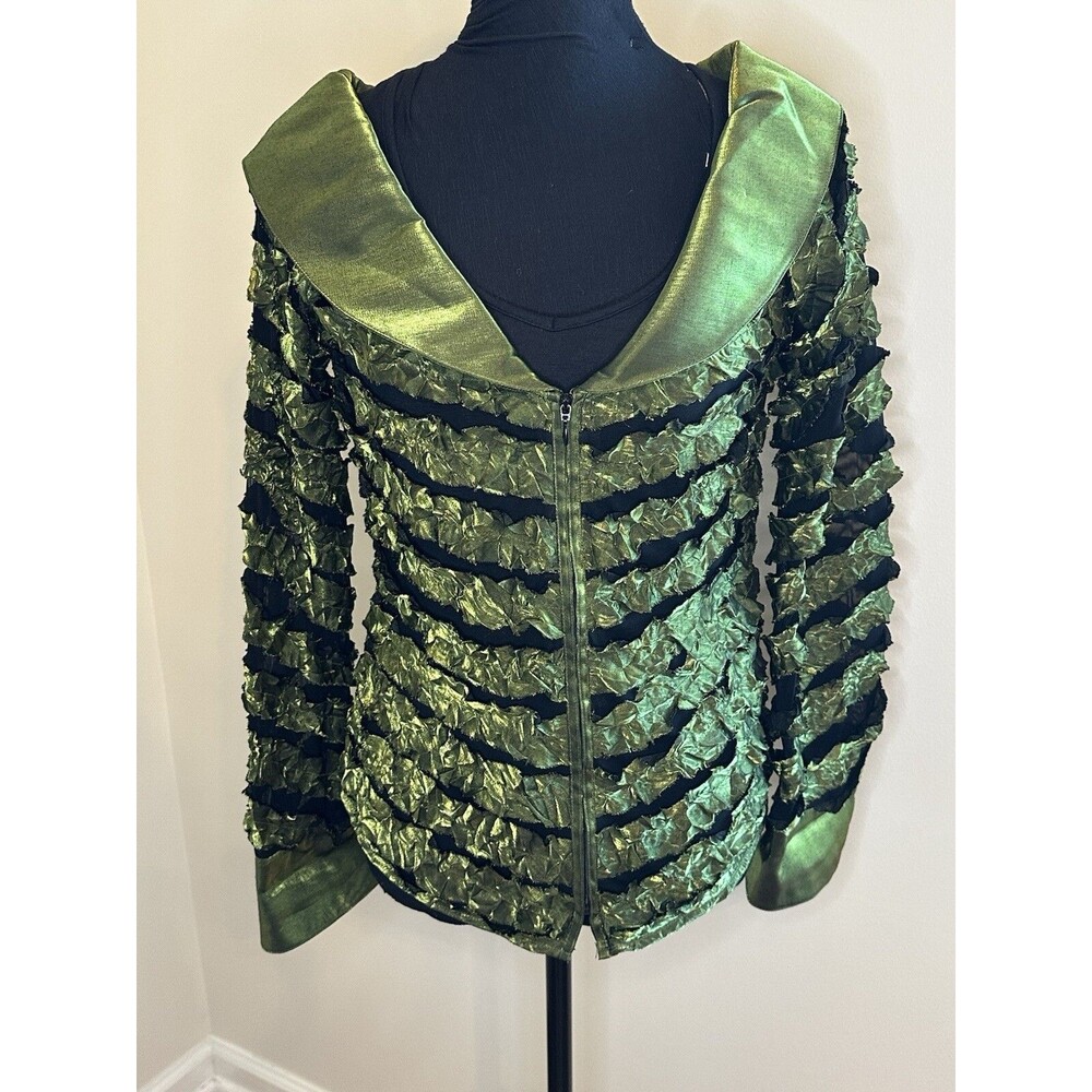 Cartise Jacket Blazer Mesh Ruffle Green Black Sz 10 Office Evening Wear